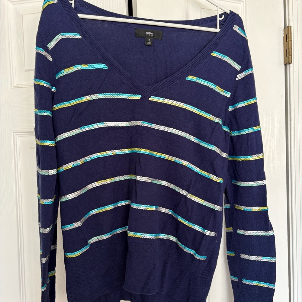 Womens Mossimo Navy Striped Sequin V-Neck Sweater, L